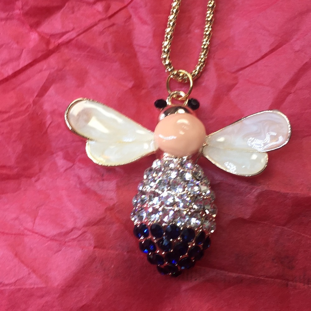 Gold tone with blue & white jeweled necklace